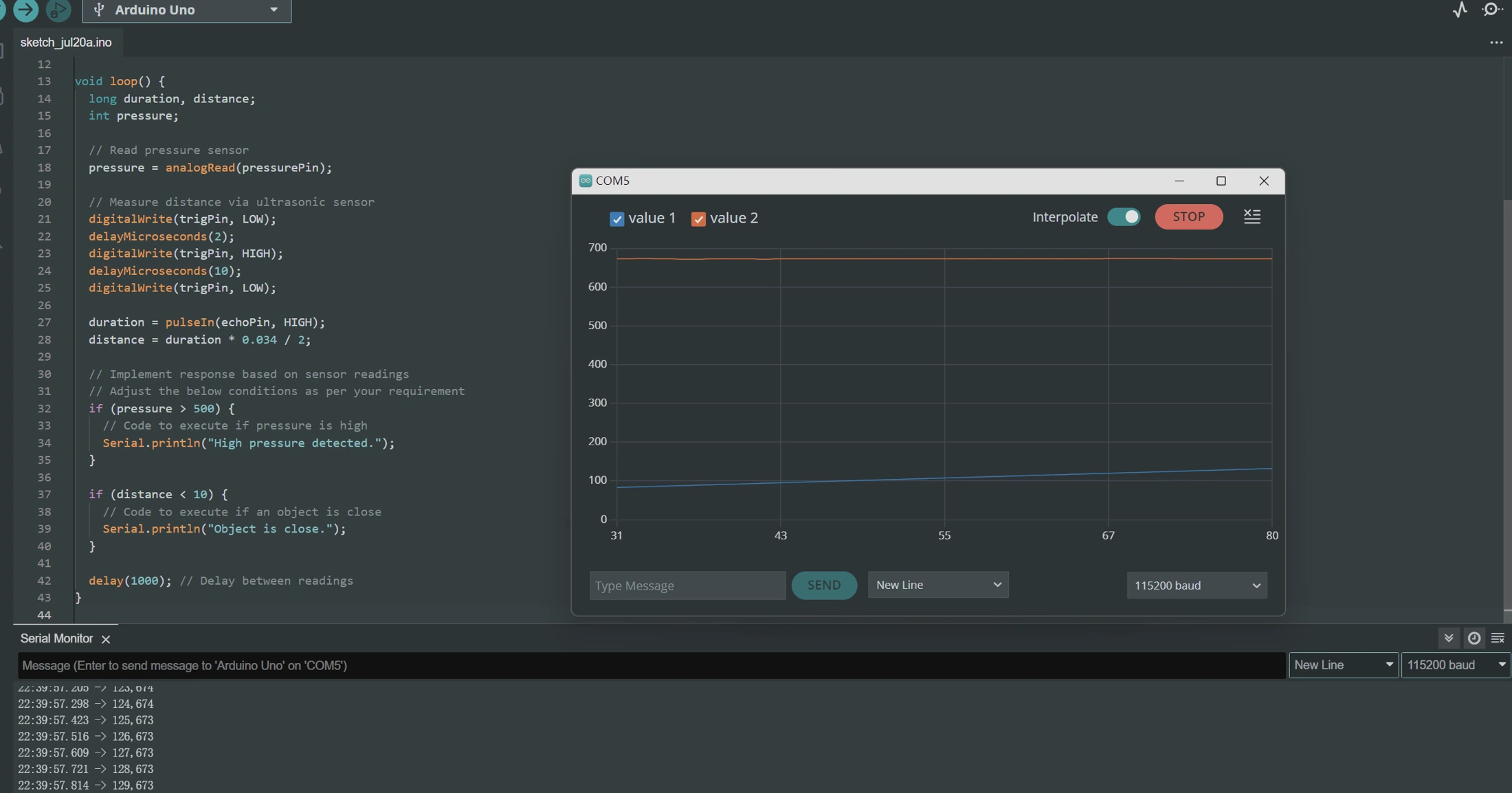 Code and serial-output view from the preliminary sensor experiment.