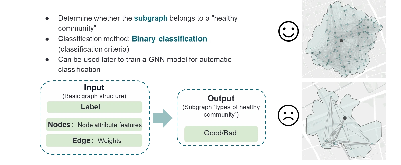 Subgraph classification: input features, edges and assessment labels.