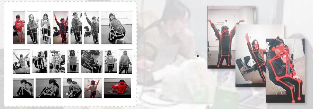 Recognized posture frames and the selected keyframe examples, retaining the original comparison.